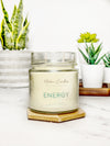 Energy is a soy wax candle made of ruby grapefruit, lemon and lime. It is an energizing scent prepared with cotton wicks.